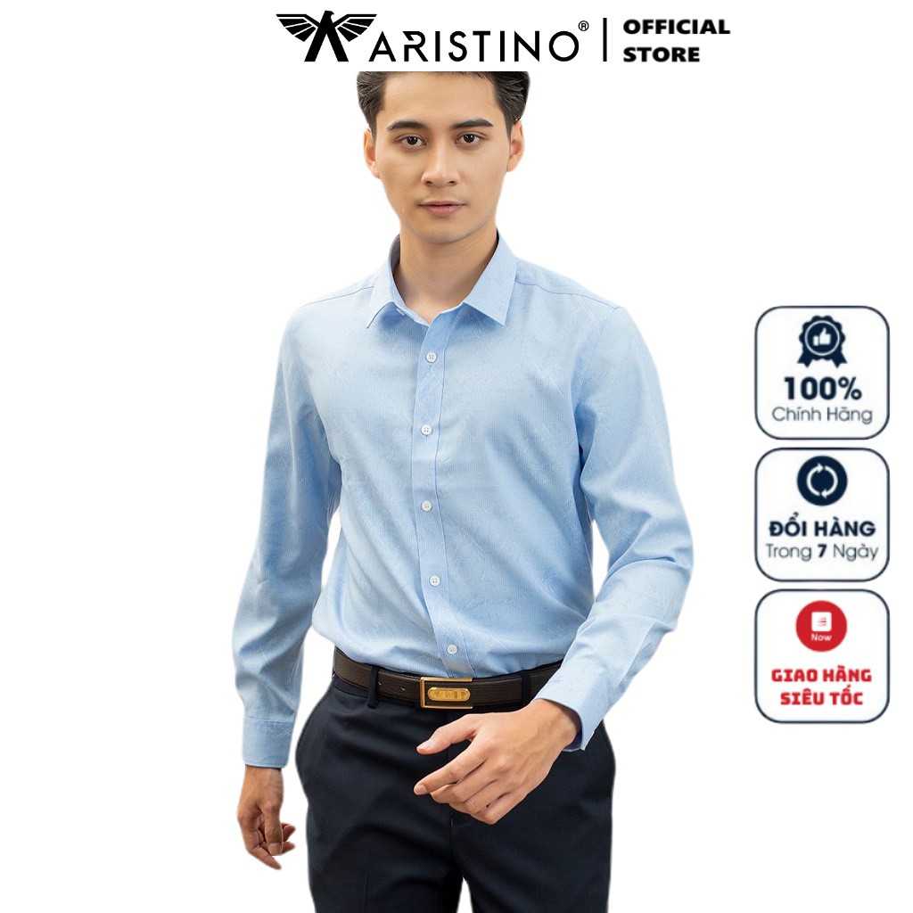 Áo Sơ Mi Nam Dài Tay ARISTINO ALS26109 Somi Công Sở Cao Cấp Màu Xanh Sược Trắng In Họa Tiết Vải Sợi Tre Dáng Ôm Không Tú