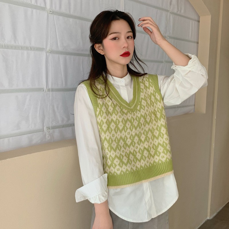 Áo Len Nữ Không Tay Cổ Chữ V Phong Cách Hàn Quốc