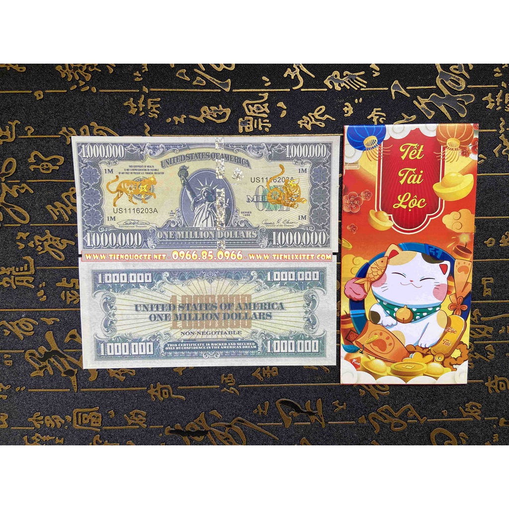 Tiền lì xì tết 2023 Quý Mão tờ $1 triệu đô Mỹ hình con mèo chiêu tài lộc KÈM BAO ĐỎ bình an năm 2023