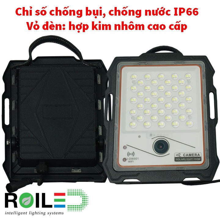 Đèn pha 100W năng lượng mặt trời kết hợp camera quan sát