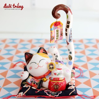 Mèo Thần tài Đuôi dài "Khai Vận Chiêu Tài" 23cm (có video sản phẩm) - Hũ đỏ