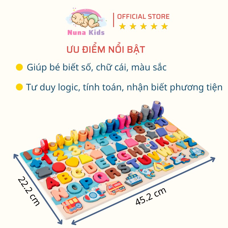 Bảng chữ cái gỗ thông minh NUNAKIDS 7 in 1 đồ chơi cho bé trai gái gồm hình khối, bảng chữ cái và phương tiện