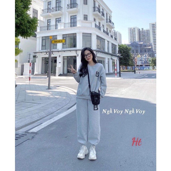 Bộ nỉ in hình chữ B dài tay nữ - Set bộ ngủ quần ống bo gấu