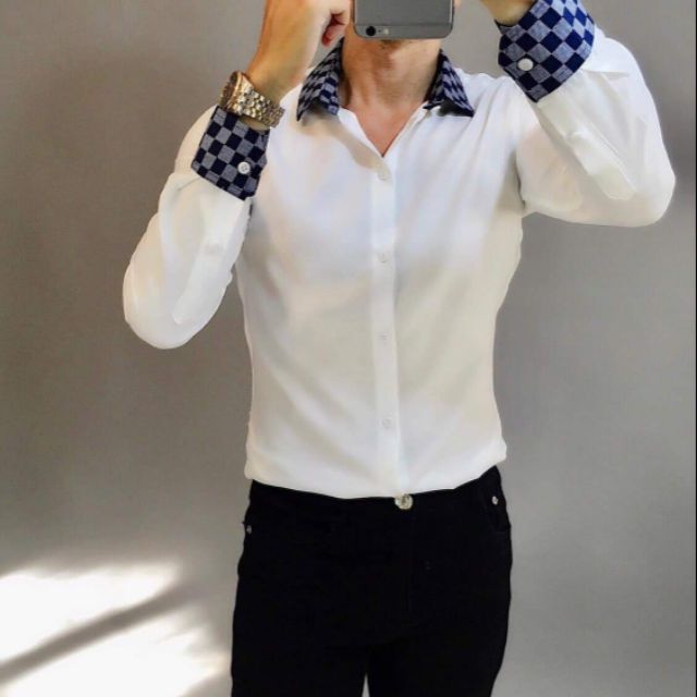 Sơ mi trắng phối caro cổ tay