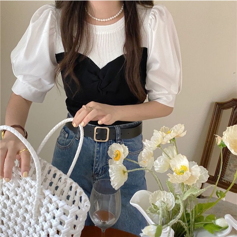 Áo thun tay ngắn phồng vải lụa băng phong cách retro thời trang mùa hè cho nữ