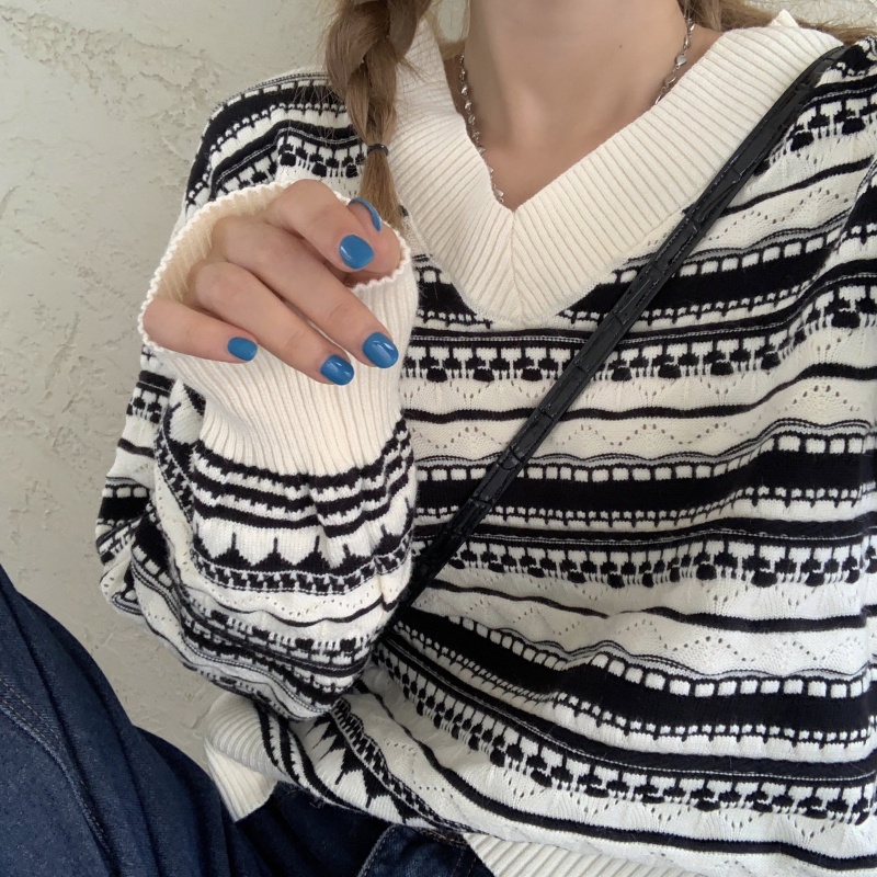 Áo Sweater dáng rộng họa tiết kẻ sọc thiết kế mới thời trang mùa thu đông theo phong cách hàn quốc dành cho nữ