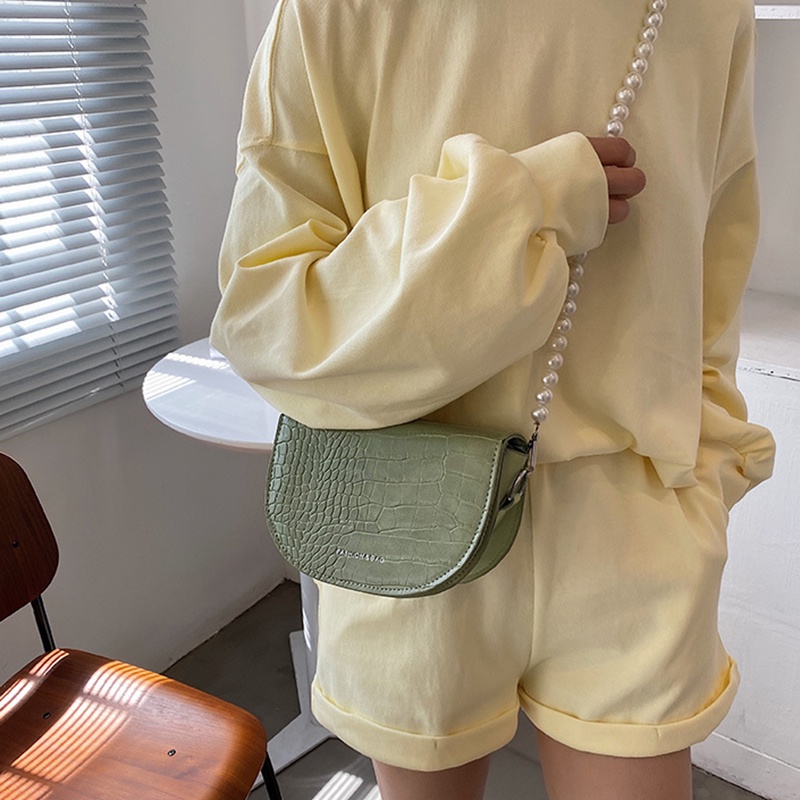 Túi đeo vai IELGY hình bán nguyệt yên ngựa dây đeo ngọc trai thời trang kiểu Tây cho nữ