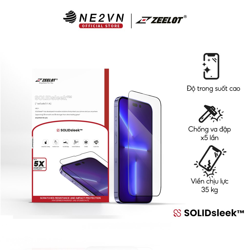 Miếng dán cường lực trong suốt SOLIDsleek Zeelot cho iPhone 14/ 14 Plus/ 14 Pro/ 14 Pro Max