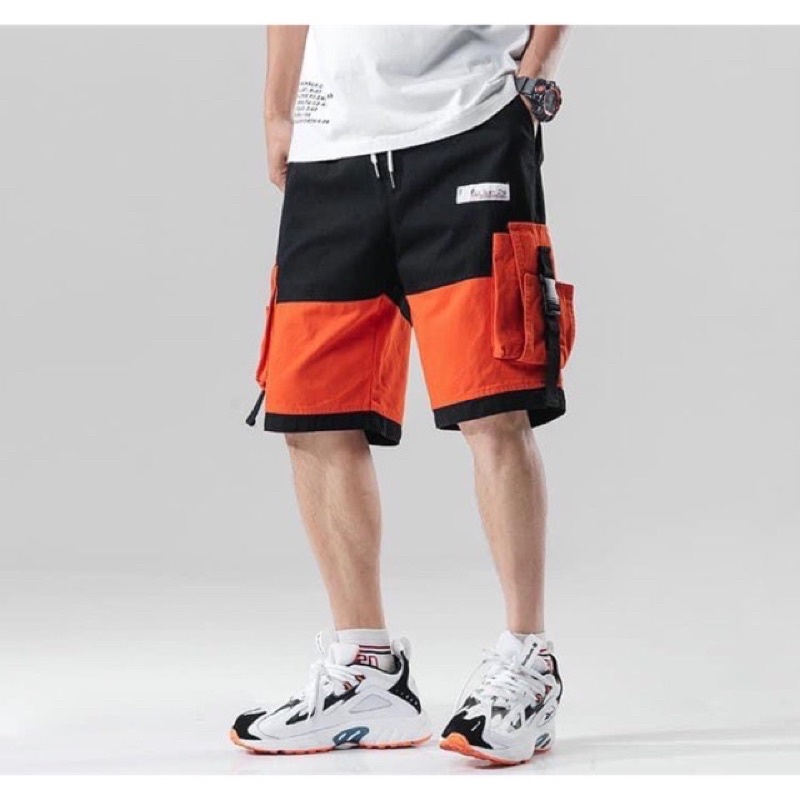 Quần short túi hộp - Phối màu đen cam - Thời trang Unisex phong cách Hàn Quốc