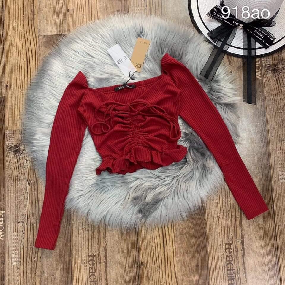 Áo Thun Gân Tay Dài Cổ V Form Croptop Phối Dây Rút Quyến Rũ TTS0863