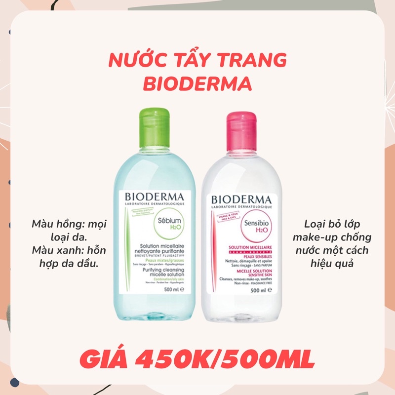 Nước Tẩy Trang Bioderma Pháp H2O Xanh - Hồng 500ML