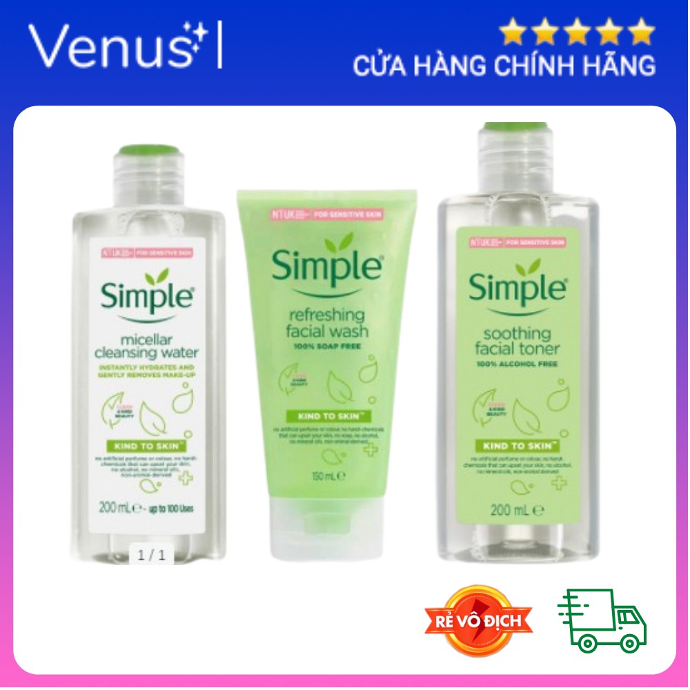 Bộ chăm sóc làm sạch da Sữa rửa mặt, Tẩy trang, Nước hoa hồng Toner hãng Simple UK cho da nhạy cảm