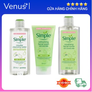 Bộ chăm sóc làm sạch da Sữa rửa mặt, Tẩy trang, Nước hoa hồng Toner hãng Simple UK cho da nhạy cảm