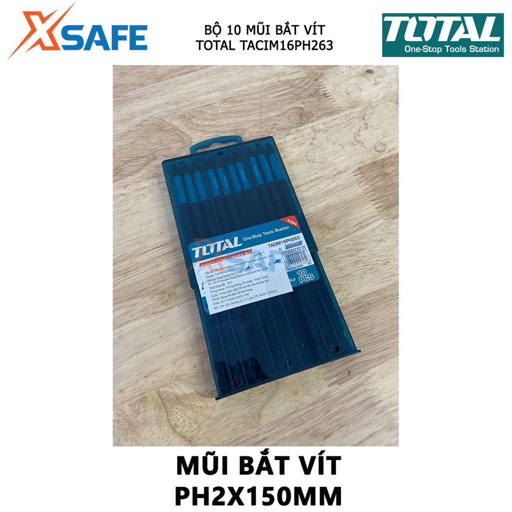 Bộ mũi bắt vít có từ TOTAL TACIM16PH263 | bộ 10 mũi siết vít PH2x150mm thép công nghiệp S2, bề mặt đen có nam châm