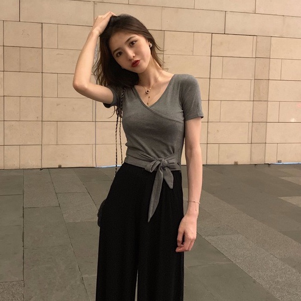 Áo Thun Nữ Tay Ngắn Cổ Chữ V Thời Trang Phong Cách Hàn Quốc