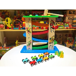 Xe cầu trượt lớn 4 tầng kết hợp trò chơi đập banh bằng gỗ Việt Nam, đồ chơi gỗ mầm non cầu trượt xe ô tô cho bé