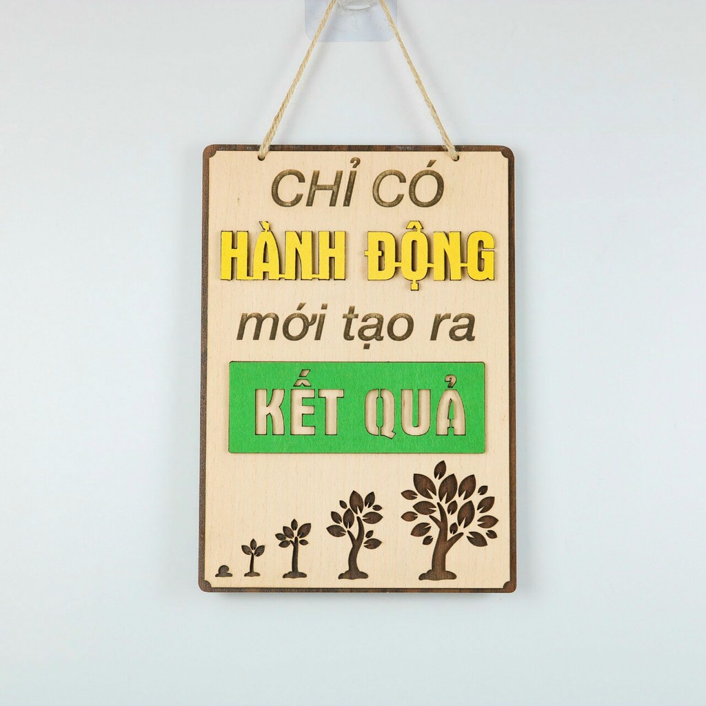 Bảng gỗ trang trí slogan, bảng gỗ tạo động lực in chữ "Hành động -  Kết quả" mẫu mới độc đáo