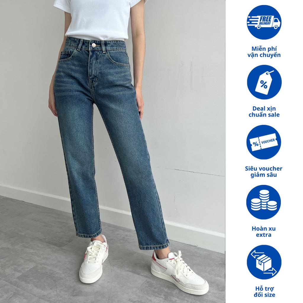 Quần Mom Jeans Nữ Lưng Cao Form Dáng Baggy Ôm Vừa Màu Xanh Đậm Có Wash Rede - Jeans VNXK (M-03D)