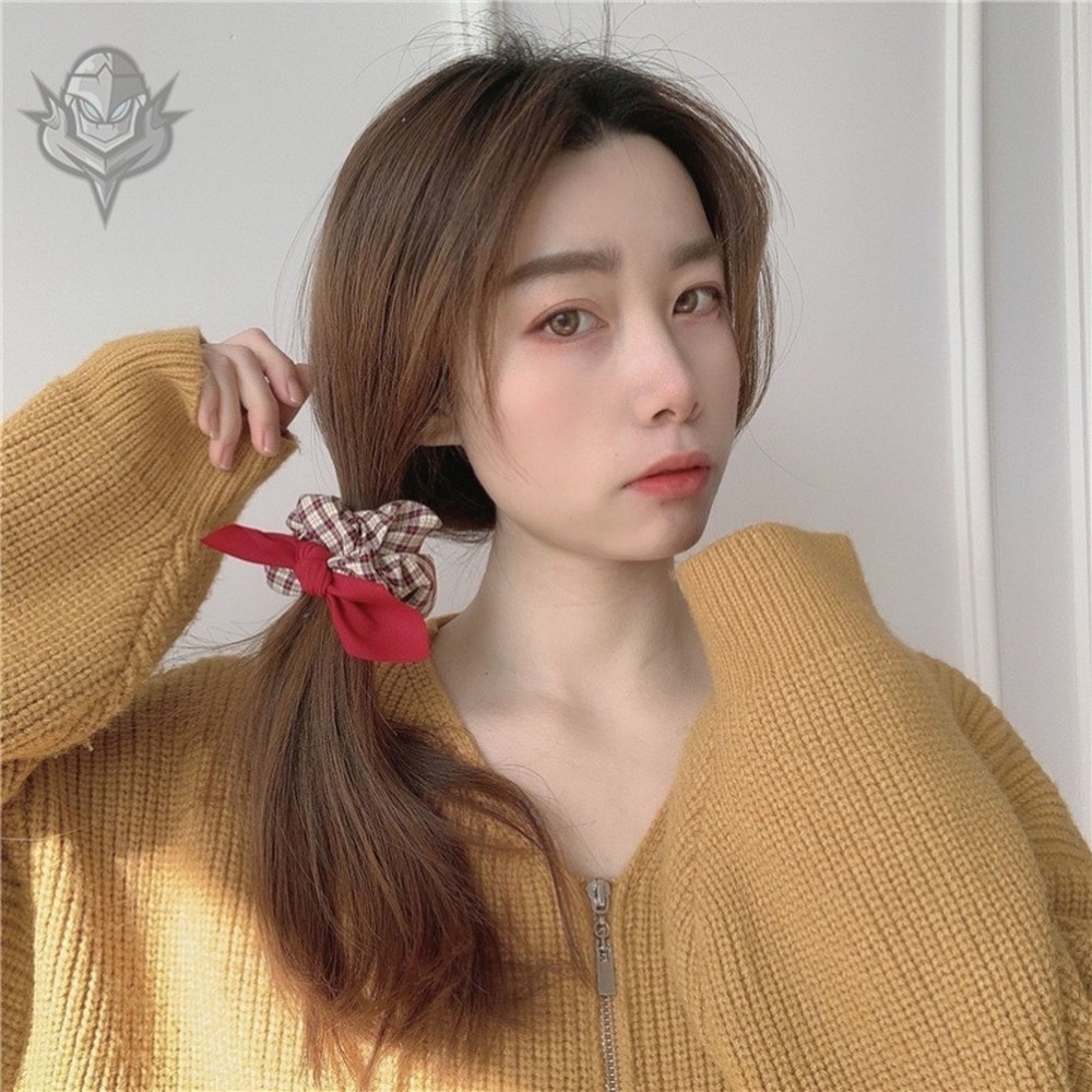 Dây cột tóc cao su phối vải họa tiết sọc caro đơn giản cho nữ