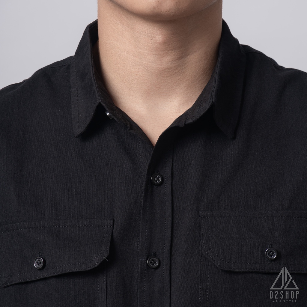 Áo sơ mi D2shop, áo sơ mi nam dài tay vải kaki túi hộp, màu đen