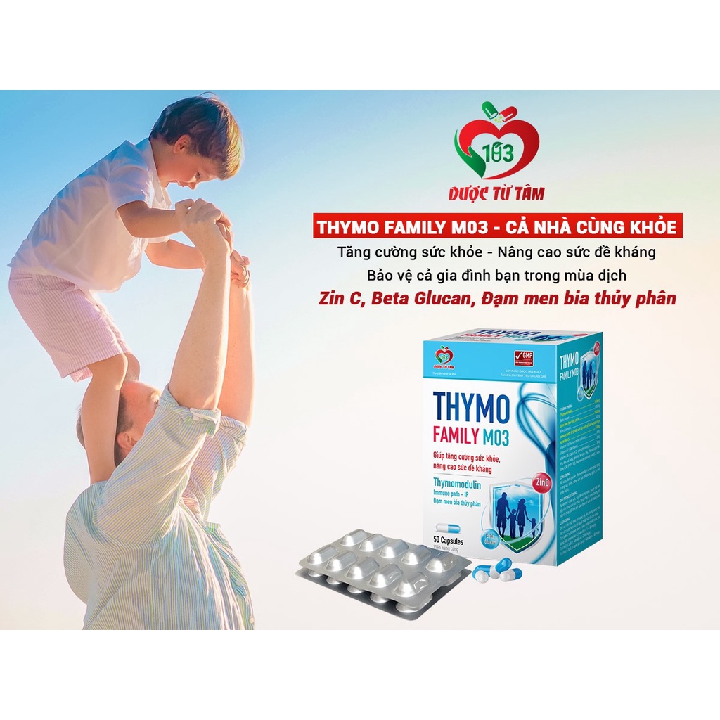Thymo Family M03 bổ sung Beta glucan Thymomodulin và kẽm giúp tăng cường sức khỏe nâng cao sức đề kháng Hộp 50 viên nang