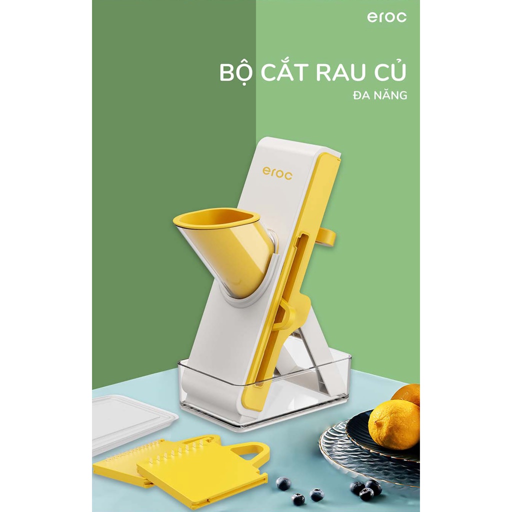 Máy Cắt Rau Củ Kèm Bộ Lưỡi Cắt Đa Năng Có Hộp Nắp Đậy Chứa Rau Củ Eroc VEGETALBE SLICER V-KT-VC01 - Hàng Chính Hãng