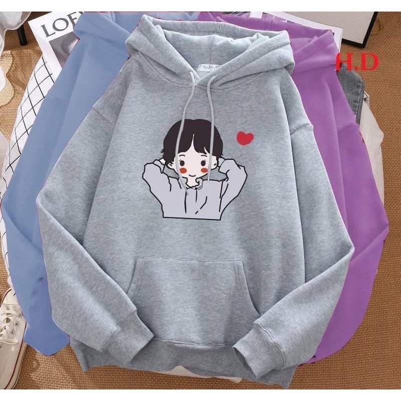 Áo hoodie cô gái má đỏ tim, áo thun nam nữ, dài tay, sét bộ mặc ở nhà và mặc đi chơi - LEEDA MODY