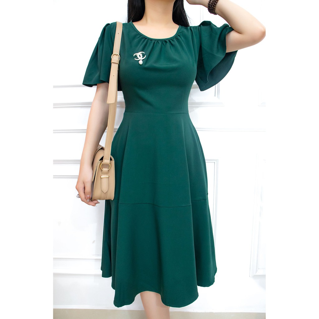 Đầm thiết kế công sở dự tiệc trung niên dáng xòe họa tiết xanh trơn - AMYRA Da047 | BigBuy360 - bigbuy360.vn