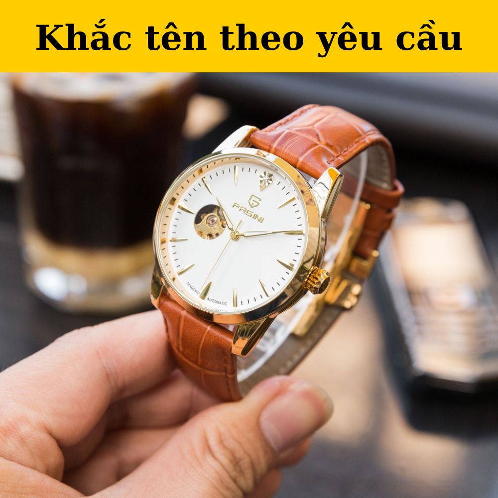 Đồng hồ cơ nam PAGINI dây da vàng bò lộ máy hàng chính hãng - Khắc tên theo yêu cầu - Bảo hành 6 tháng