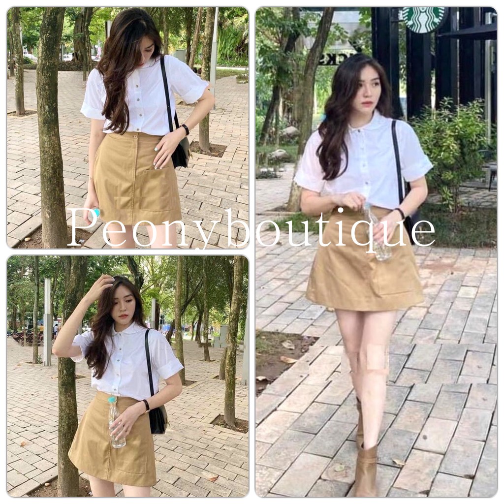 Set Sơ Mi Chân Váy Túi Hộp PEONYB Nữ [FREESHIP]🌸 Bộ đồ áo kiểu kèm short zip kaki, dáng ngắn bánh bèo tiểu thư Ulzzang 🌸