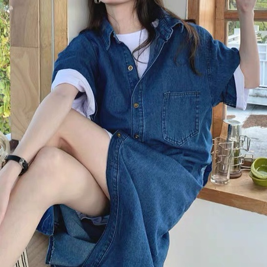 Váy sơ mi jean cộc tay, váy sơ mi jean dáng dài phong cách_a18