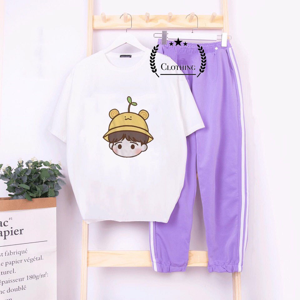 Sét áo phông mặt em bé mũ mầm + quần 2 sọc chun gấu full màu BIGOMALL
