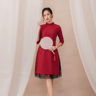 Áo dài cách tân lụa cao cấp dạng đầm tay lỡ sát cổ phối ren dáng suông cổ trụ ( Sẵn)
