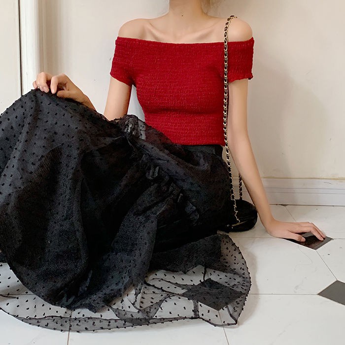 Chân Váy Dài Lưng Cao Phối Ren Lưới Phong Cách Hàn Quốc Mới Cho Nữ 2021