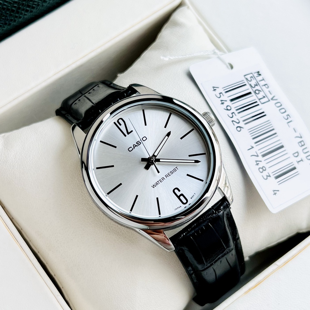 Đồng hồ Nam Casio MTP-V005L-7B, đồng hồ chính hãng, dây da đen mặt trắng