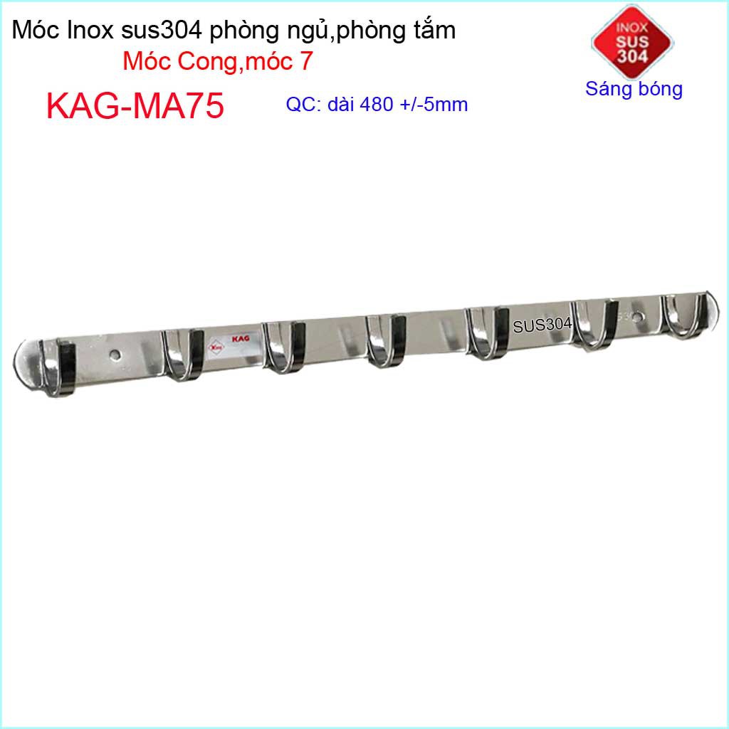 Móc cong treo quần áo inox 304 cao cấp dày, móc Kace 7 móc treo đồ nhà tắm KAG-MA75