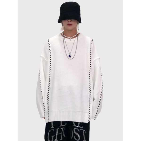 Áo len unisex nam nữ màu trắng phối đường kẻ đen