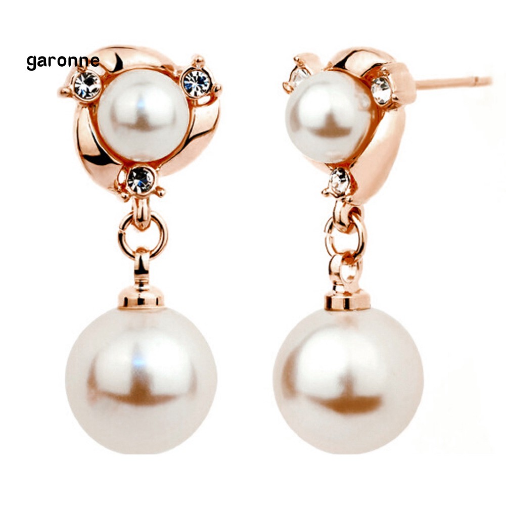GA_Elegant Princess Shiny Rhinestone Dangle Round Imitation Pearl Stud Earrings