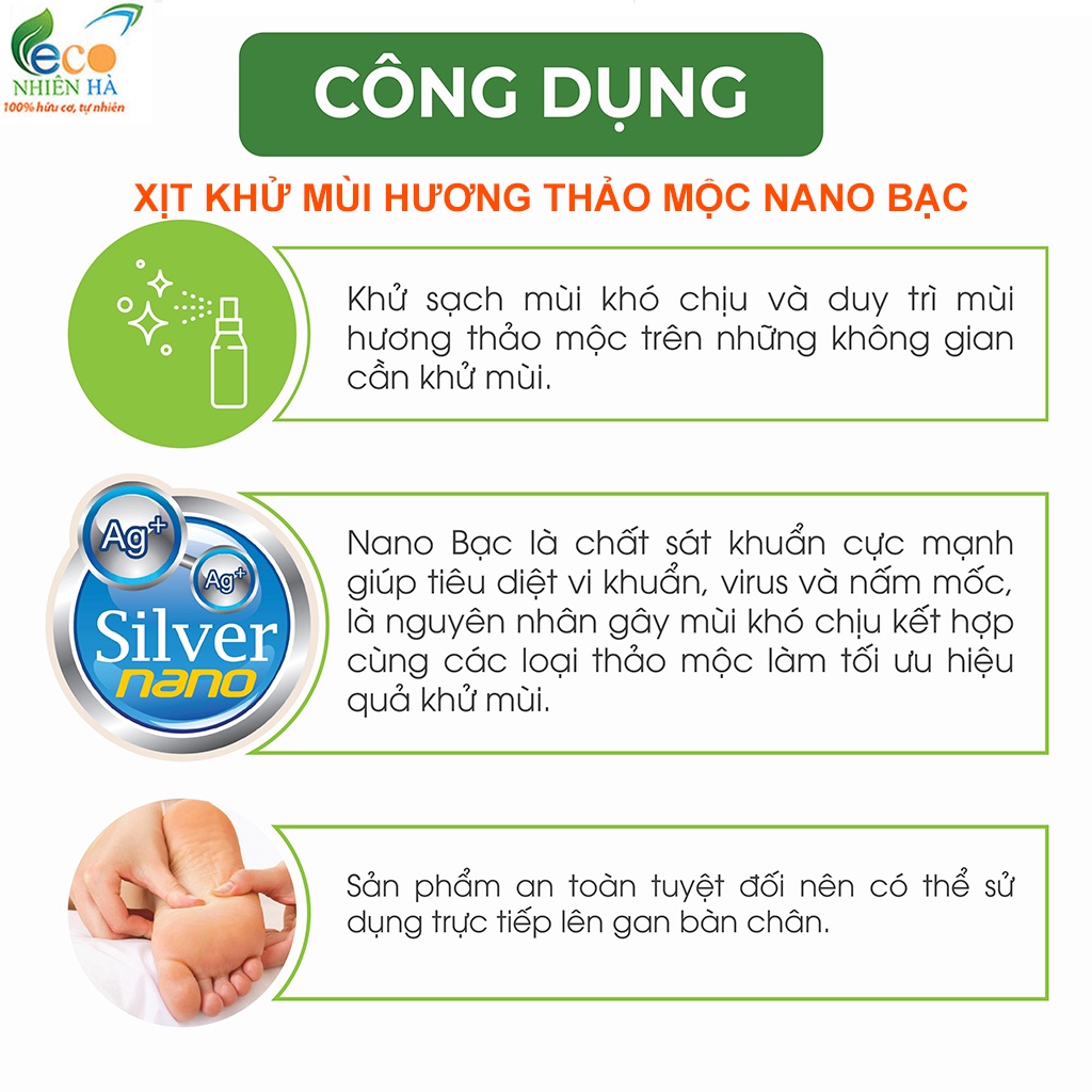 Xịt khử mùi cao cấp ECOCARE 50ml tinh dầu hữu cơ, Nano bạc, khử mùi giày dép, hôi chân