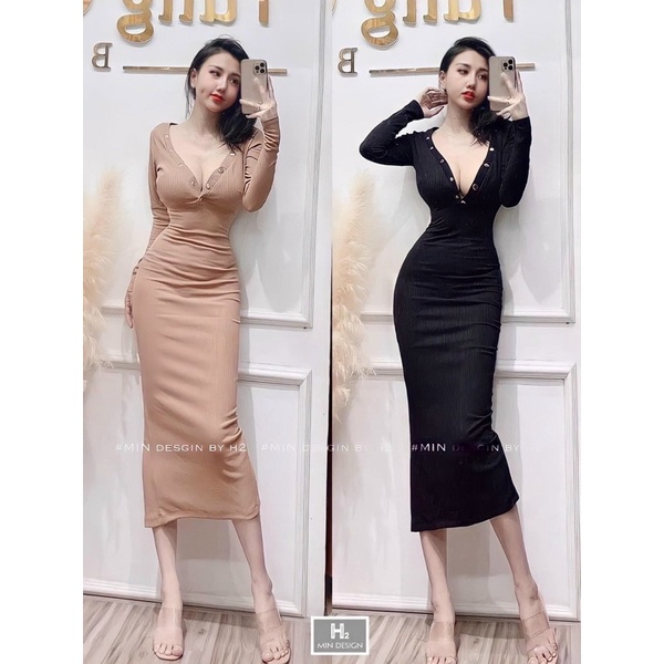 [HÌNH THẬT] Đầm Body Maxi Gân Nút Bấm Tay Dài Xịn Mịn byChang | BigBuy360 - bigbuy360.vn