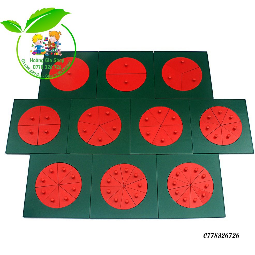 Trò chơi phân số 1/1 đến 1/10 không kèm chân đế Montessori (Metal Fraction Circles without Stands)