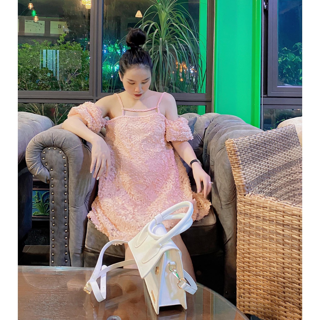 Váy dây ngang tay bồng hở vai chất chéo hàn