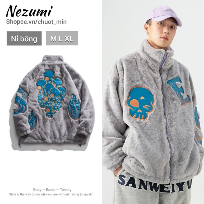Áo khoác nỉ lông siêu mềm mịn bông xù ấm áp đầu lâu phối chữ hiphop Châu Âu unisex nam nữ