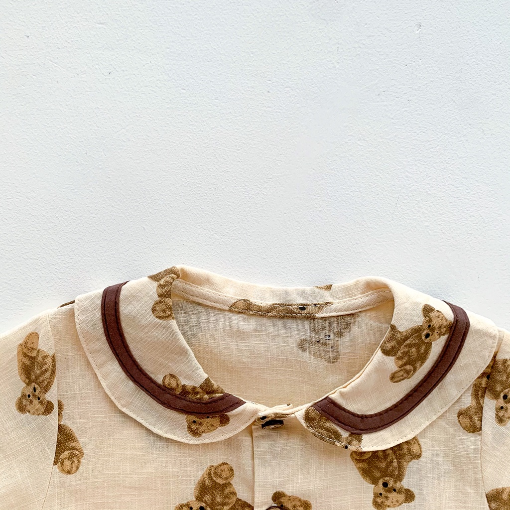 Áo liền quần ngắn tay bằng cotton lanh họa tiết chấm bi dễ thương thời trang cho bé trai / gái