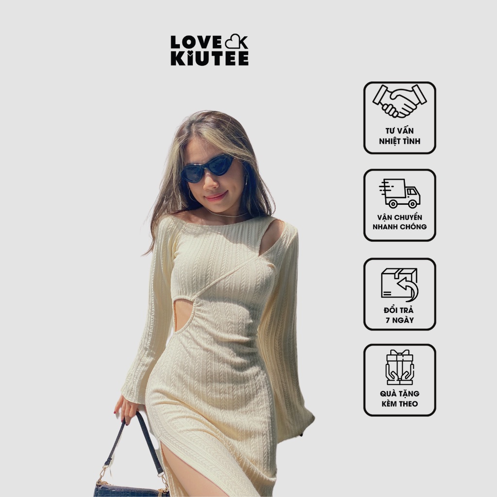 Đầm dài xẻ tà tay loe cắt xẻ Night Plans Cut Out Midi Dress vải cao cấp co dãn LOVEKIUTEE