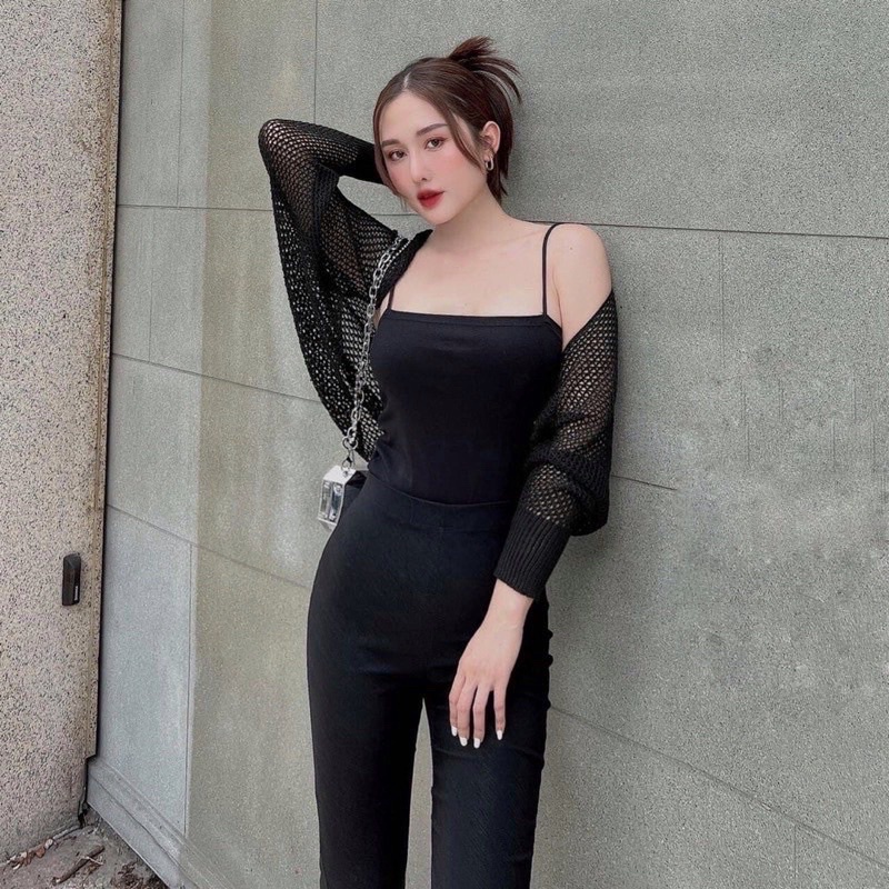 Áo khoác nữ Cardigan len lưới mỏng dáng cánh dơi tay bo không khuy mix với áo váy 2 dây phong cách ulzzang Hàn Quốc