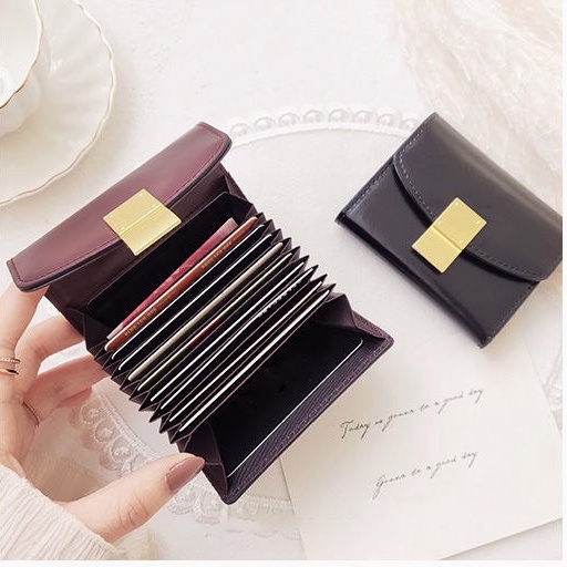 Ví card da cao cấp ví nữ nhiều ngăn mini ví gập thời trang 9 khe cắm thẻ + 2 khe ID