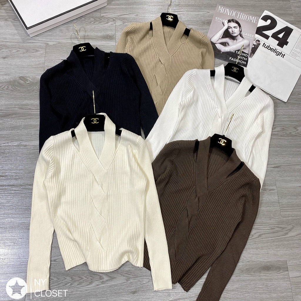 [Quà tặng là dây buộc tóc] [Hàng QC L1] Áo len cổ chéo xoắn ngực, Áo len dài tay nữ xoắn cổ phong cách Hàn Quốc -Hinhin | BigBuy360 - bigbuy360.vn