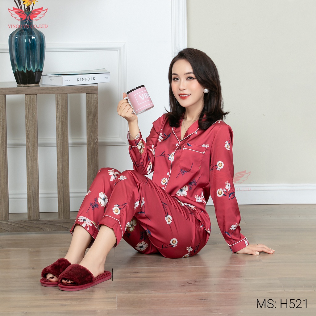 Đồ Bộ Nữ Pijama Mặc Nhà VINGO Chất Liệu Lụa Pháp Cao Cấp Tay Dài Quần Dài Họa Tiết Hoa Đỏ Thanh Lịch H521 VNGO
