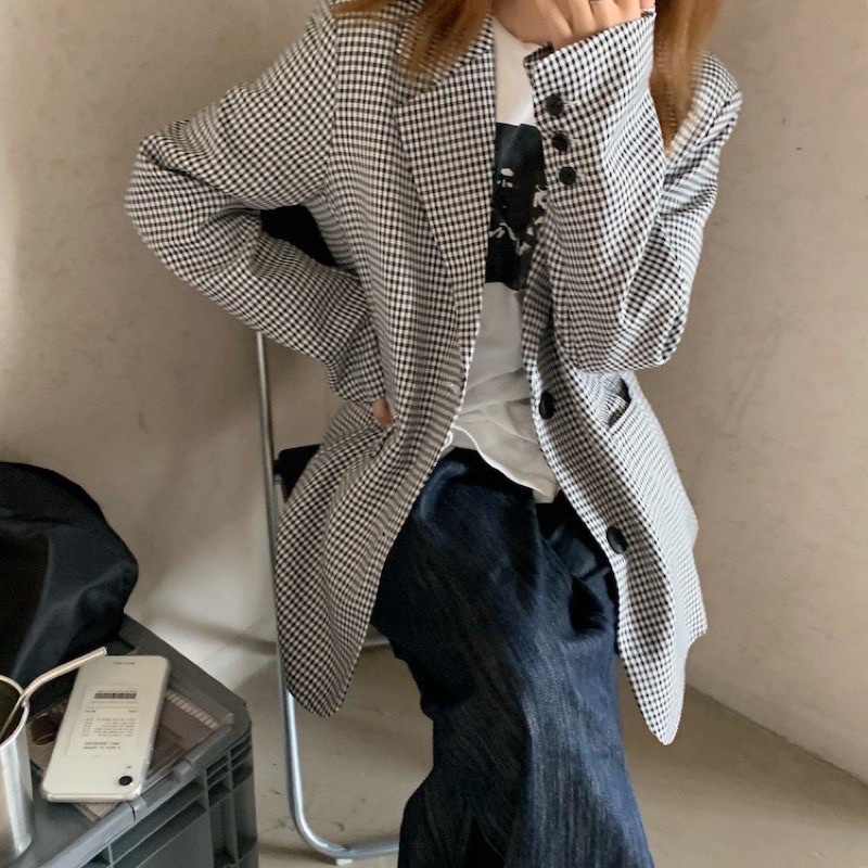 Áo Blazer Dài Tay Nữ Hoạ Tiết Kẻ Ziczac Phong Cách Hàn Quốc, Áo Vest Dài Tay